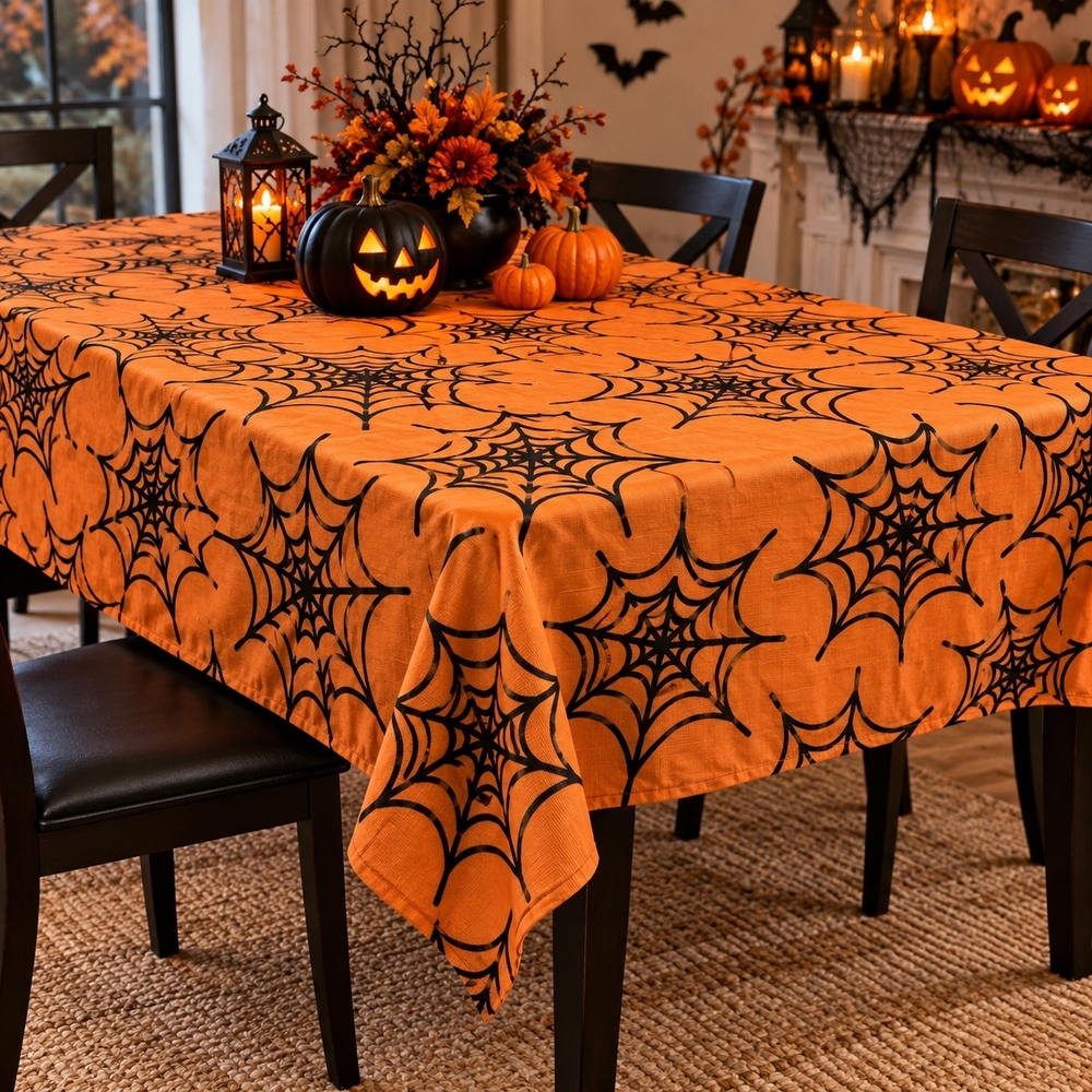 Happy Halloween Flannelback Tablecloth Orange Black Spider Web 52x70 NEW